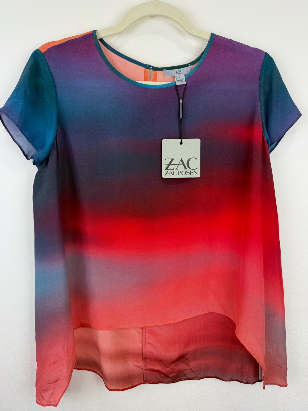 ZAC Zac Posen Sunset Ombré 100% Silk High Low Blouse Size 4 NWT